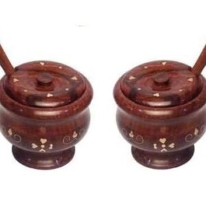 rustic salt box jar cellar with brass inlay design lid, wooden salt pinch bowls | wood salt pepper keeper, spice bowls for cooking, sugar holder for kitchen,dry fruit box pack of 2