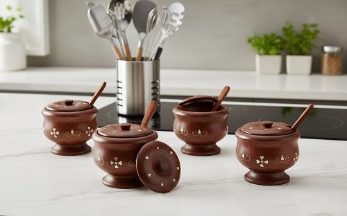 rustic salt box jar cellar with brass inlay design lid, wooden salt pinch bowls | wood salt pepper keeper, spice bowls for cooking, sugar holder for kitchen,dry fruit box pack of 2 rustic salt box jar cellar with brass inlay design lid, wooden salt pinch bowls | wood salt pepper keeper, spice bowls for cooking, sugar holder for kitchen,dry fruit box pack of 2