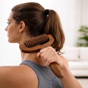 wooden body massage roller | hand held stress relief tool | acupressure massager for pain relief & lymphatic drainage | back, foot and shoulder | legs & arms | with hand and face massager | neck massager