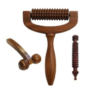wooden body massage roller | hand held stress relief tool | acupressure massager for pain relief & lymphatic drainage | back, foot and shoulder | legs & arms | with hand and face massager | neck massager
