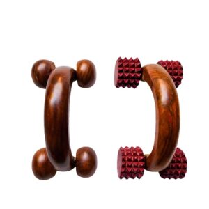 wooden four wheel body massager, handheld acupressure roller for back, neck, shoulders, legs & foot pain relief, deep tissue manual muscle relaxation