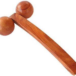 wooden handmade body massager, foot & back acupressure roller pain relief massager with long handle, wooden 2 ball roller massager brown, 25 cm