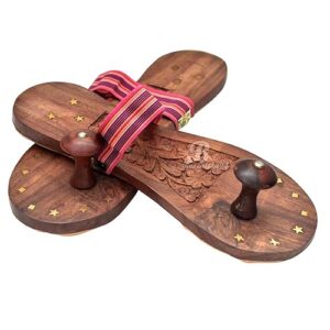 handcrafted wooden slippers for men & women – natural wood traditional sandals with brass star & carving design, lightweight indoor footwear