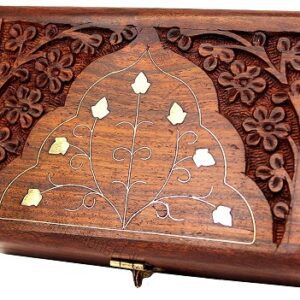 Home handcrafted wooden jewelry box with carving & brass inlay for women – elegant keepsake box for jewelry, trinkets & treasured memories, unique gift for birthdays and special occasions