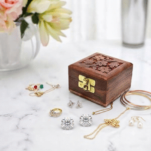 Home handicraft wooden mini storage box small size organizer for ear rings, rings and nose pins storage box brown gift box